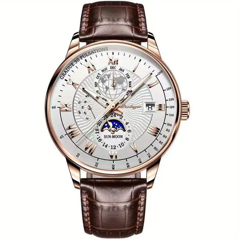 Luxury Waterproof Men’s Watch Round Dial Moon Phase Wrist Watch with Durable Strap