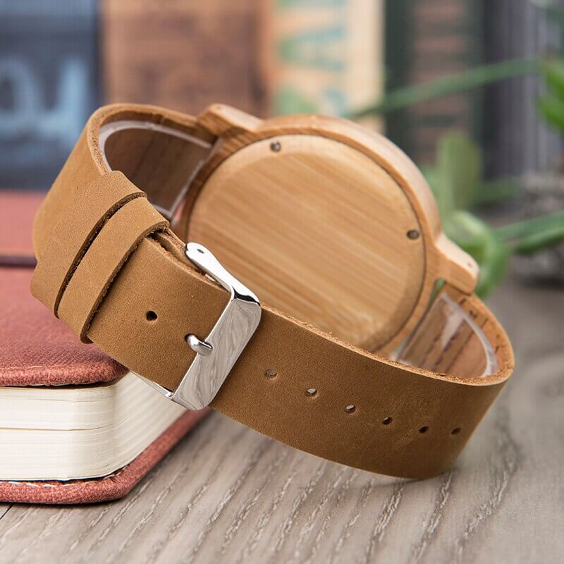 Wooden Watch Quartz Bamboo Case Leather Strap Minimalist Men's Wristwatch