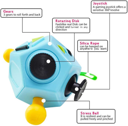 12 Sided Sensory Fidget Cube Toy Buttons Switches Sliders Stress Relief Tool