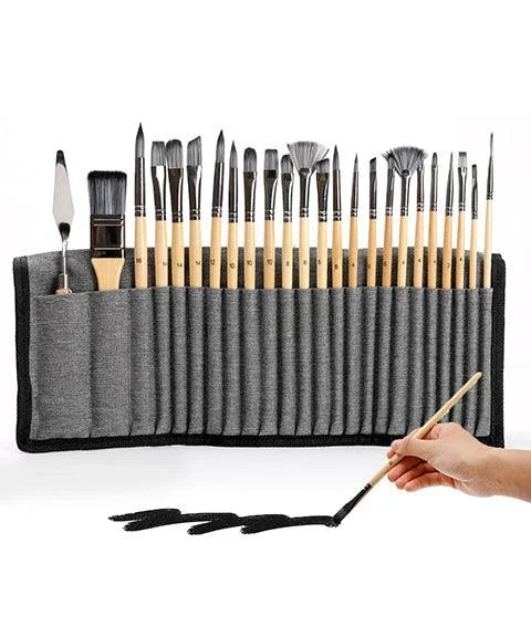 24 Piece Professional Artist Paint Brush Set for Acrylic Oil Watercolor and Gouache Painting