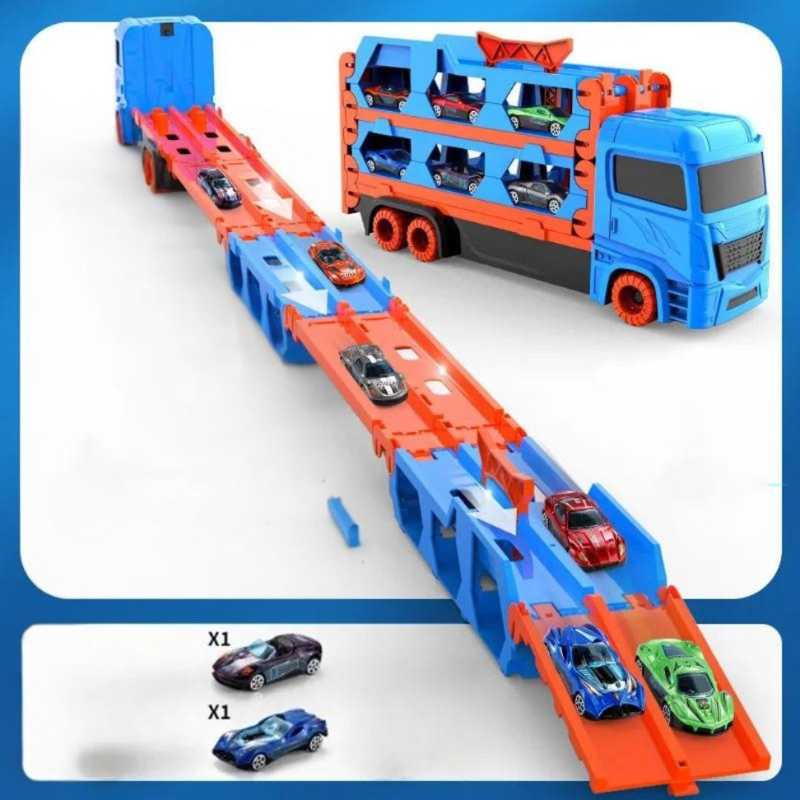 3 in 1 Car Transporter Truck with Fold Out Race Track and Built In Storage