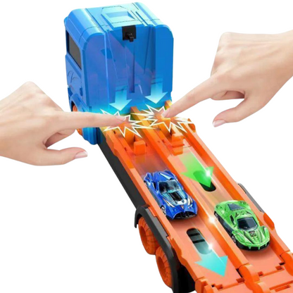 3 in 1 Car Transporter Truck with Fold Out Race Track and Built In Storage