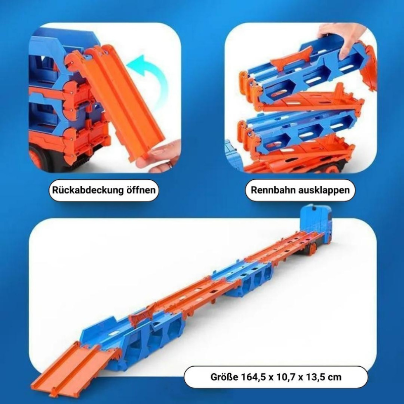 3 in 1 Car Transporter Truck with Fold Out Race Track and Built In Storage