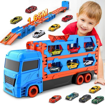 3 in 1 Car Transporter Truck with Fold Out Race Track and Built In Storage