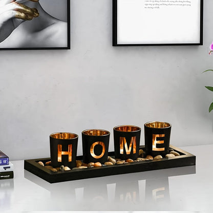 4-Piece Glass Tealight Holder Set Wooden Tray Home Decor Centerpiece