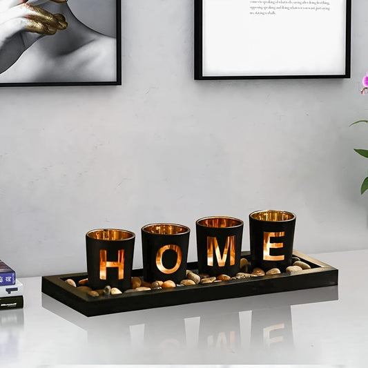 4-Piece Glass Tealight Holder Set Wooden Tray Home Decor Centerpiece