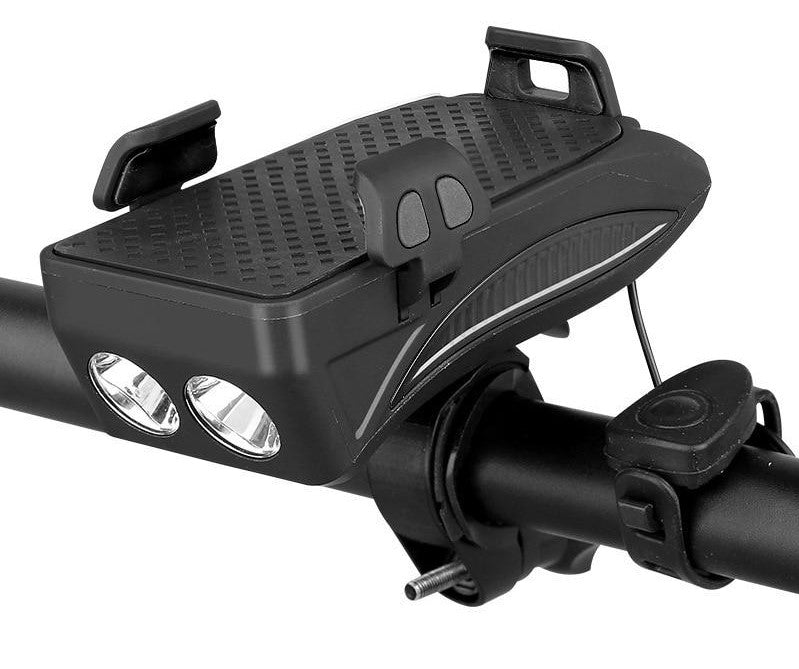 4-in-1 Bike Phone Holder with Power Bank, LED Bike Light & Horn – Shockproof Handlebar Mount