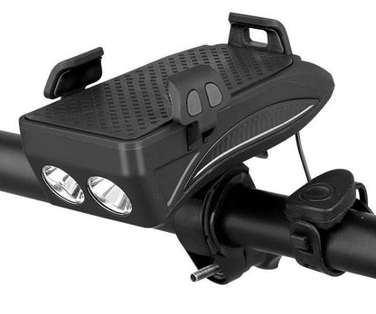 4-in-1 Bike Phone Holder with Power Bank, LED Bike Light & Horn – Shockproof Handlebar Mount