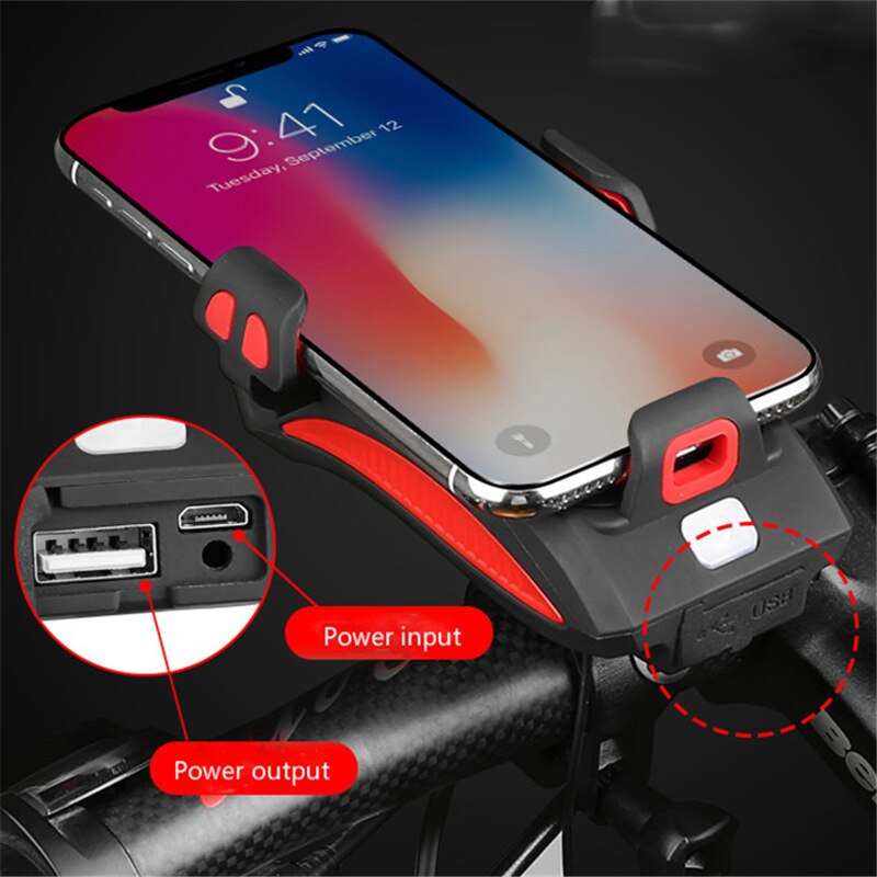 4-in-1 Bike Phone Holder with Power Bank, LED Bike Light & Horn – Shockproof Handlebar Mount