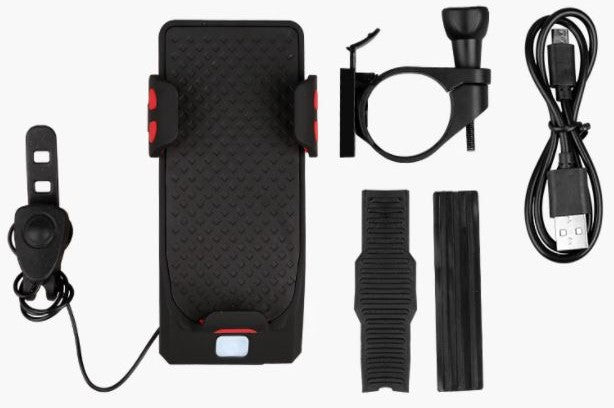 4-in-1 Bike Phone Holder with Power Bank, LED Bike Light & Horn – Shockproof Handlebar Mount