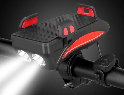 4-in-1 Bike Phone Holder with Power Bank, LED Bike Light & Horn – Shockproof Handlebar Mount