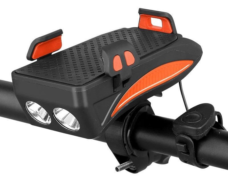 4-in-1 Bike Phone Holder with Power Bank, LED Bike Light & Horn – Shockproof Handlebar Mount