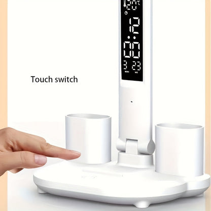Adjustable LED Desk Lamp with Digital Clock Temperature Display and USB Charging