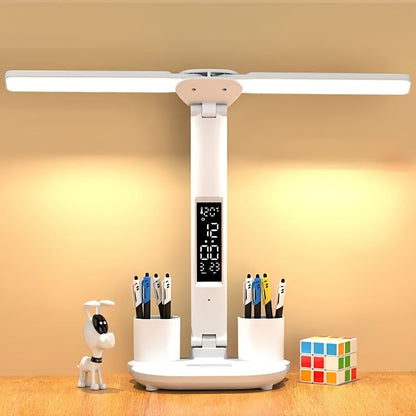 Adjustable LED Desk Lamp with Digital Clock Temperature Display and USB Charging