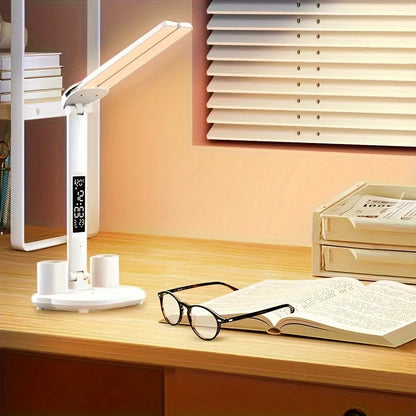 Adjustable LED Desk Lamp with Digital Clock Temperature Display and USB Charging