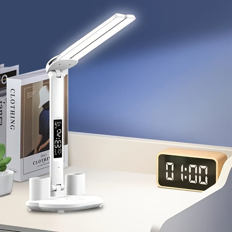 Adjustable LED Desk Lamp with Digital Clock Temperature Display and USB Charging