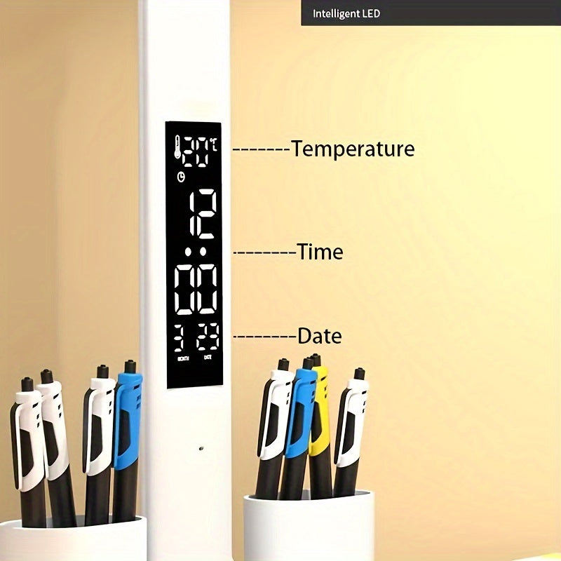 Adjustable LED Desk Lamp with Digital Clock Temperature Display and USB Charging