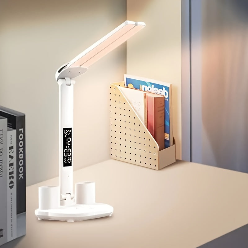 Adjustable LED Desk Lamp with Digital Clock Temperature Display and USB Charging