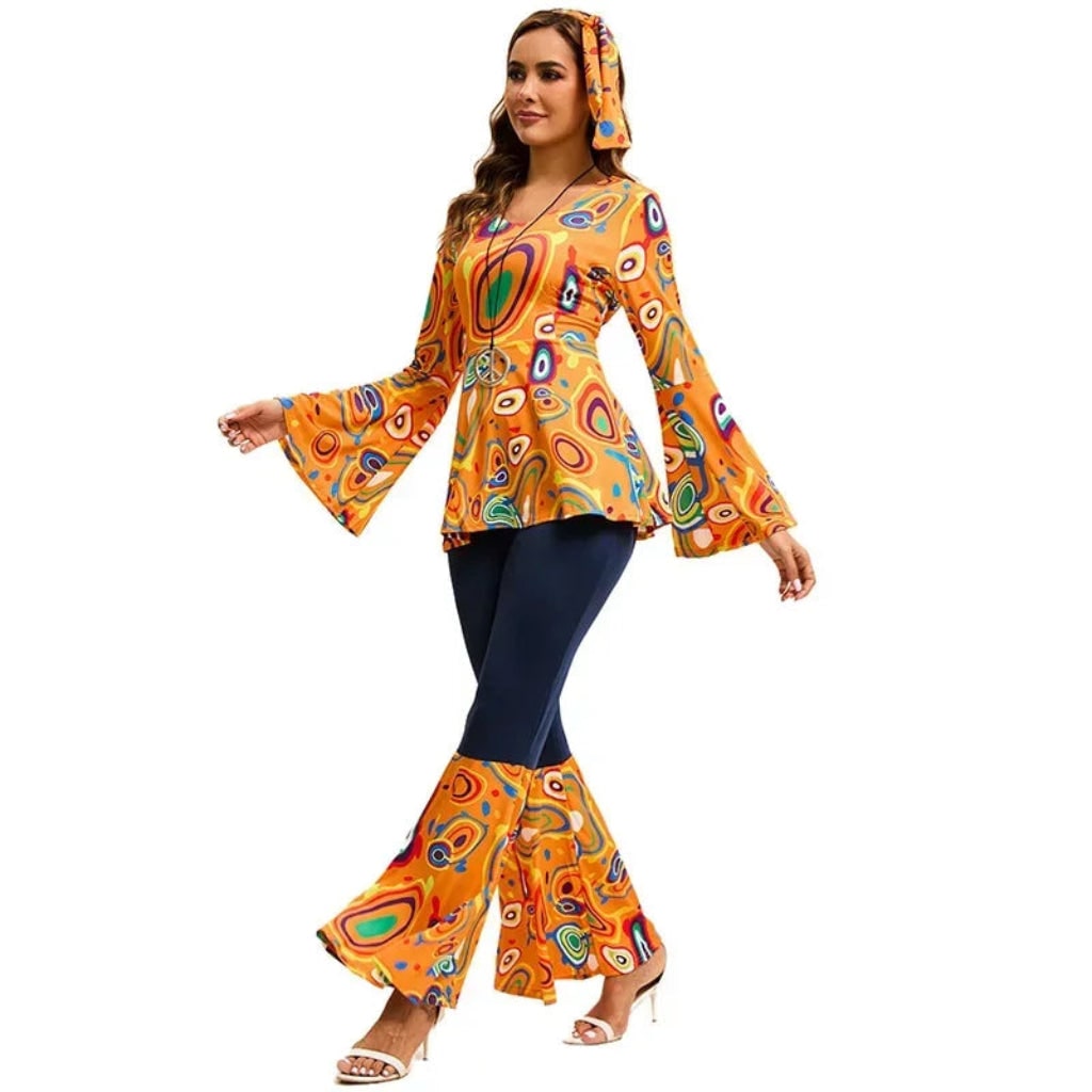 Costume di Halloween hippie rétro da adulto, outfit da festa con pantaloni a zampa d'elefante