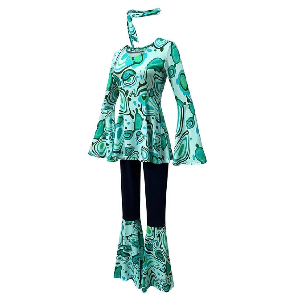 Costume di Halloween hippie rétro da adulto, outfit da festa con pantaloni a zampa d'elefante