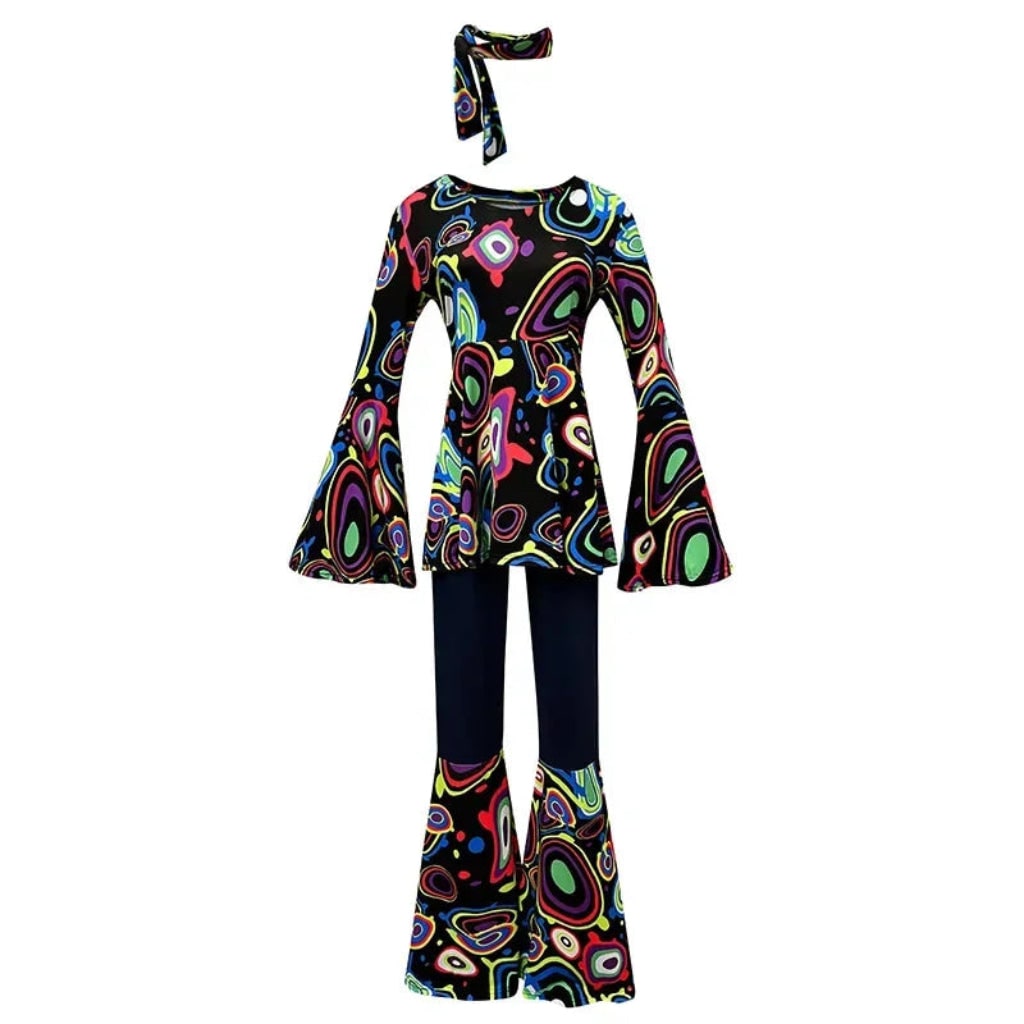 Costume di Halloween hippie rétro da adulto, outfit da festa con pantaloni a zampa d'elefante