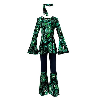 Costume di Halloween hippie rétro da adulto, outfit da festa con pantaloni a zampa d'elefante