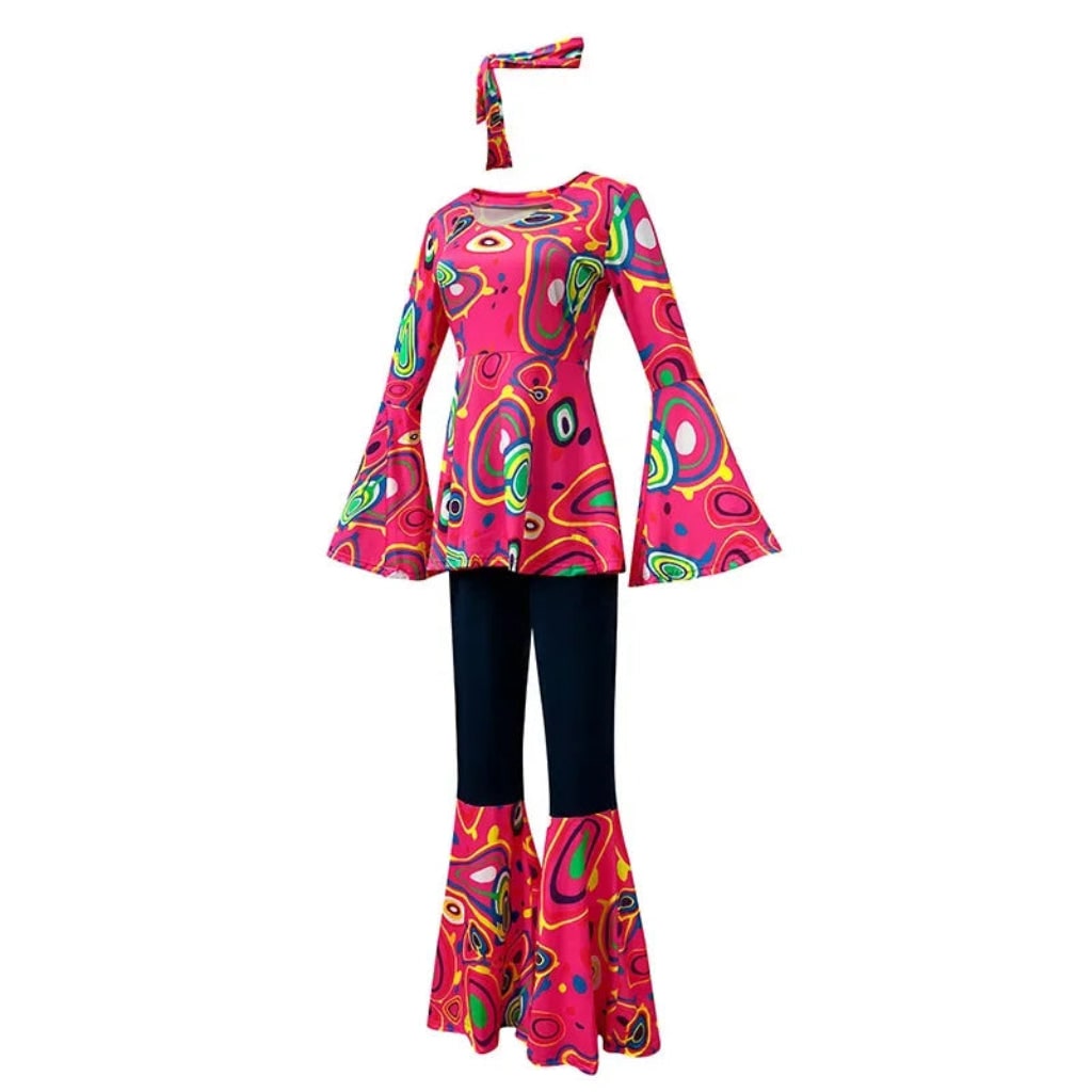 Costume di Halloween hippie rétro da adulto, outfit da festa con pantaloni a zampa d'elefante