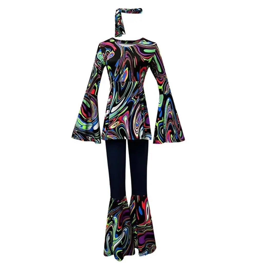 Costume di Halloween hippie rétro da adulto, outfit da festa con pantaloni a zampa d'elefante