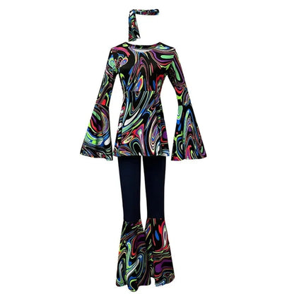 Costume di Halloween hippie rétro da adulto, outfit da festa con pantaloni a zampa d'elefante