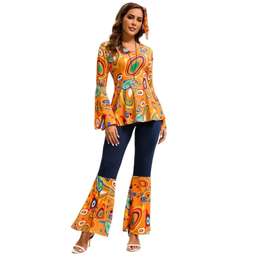 Costume di Halloween hippie rétro da adulto, outfit da festa con pantaloni a zampa d'elefante