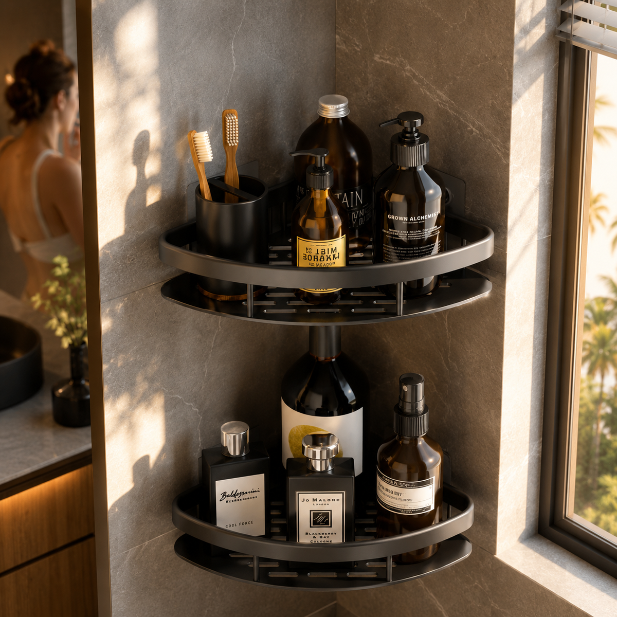 Aluminum Corner Shower Shelf with Wall Mount Storage