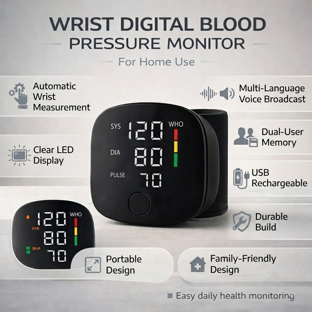 Automatic Wrist Blood Pressure Monitor with USB Rechargeable Battery
