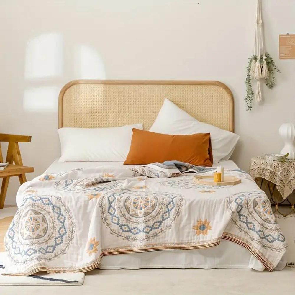 Plaid in cotone con mandala boho, lavabile in lavatrice, decorativo