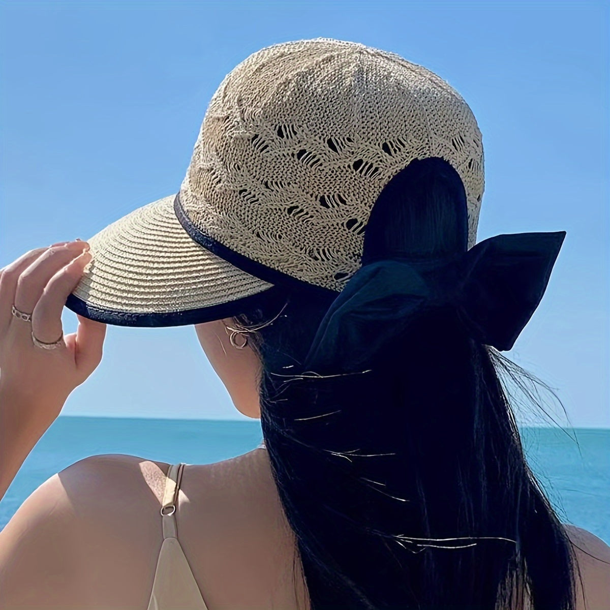 Braided Summer Sun Hat Wide Brim Bow Detail Foldable