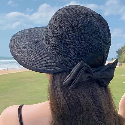Braided Summer Sun Hat Wide Brim Bow Detail Foldable