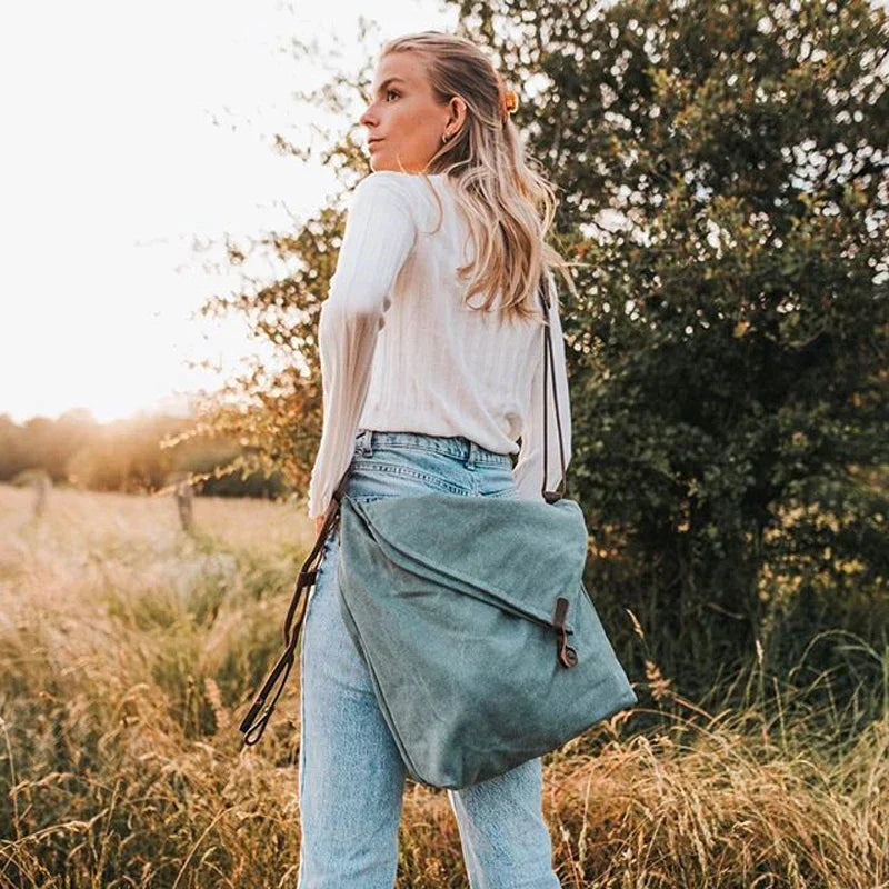 Canvas Shoulder Bag Leather Straps Vintage Casual Crossbody Messenger
