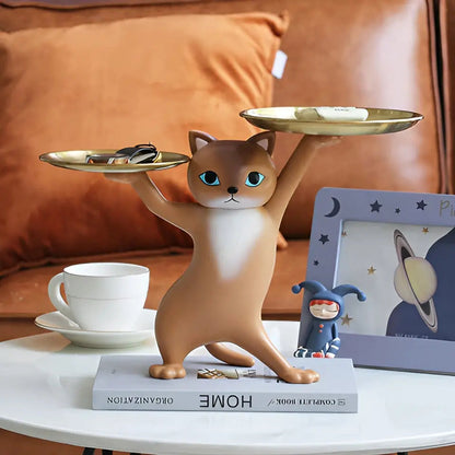 Cat Key Holder Tray Decorative Cat Statue Hook Jewelry Organizer Entryway Table Decor
