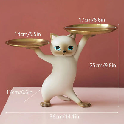 Cat Key Holder Tray Decorative Cat Statue Hook Jewelry Organizer Entryway Table Decor