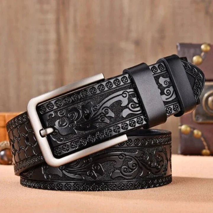 Classic Embossed Leather Belt with Elegant Pin Buckle for Men