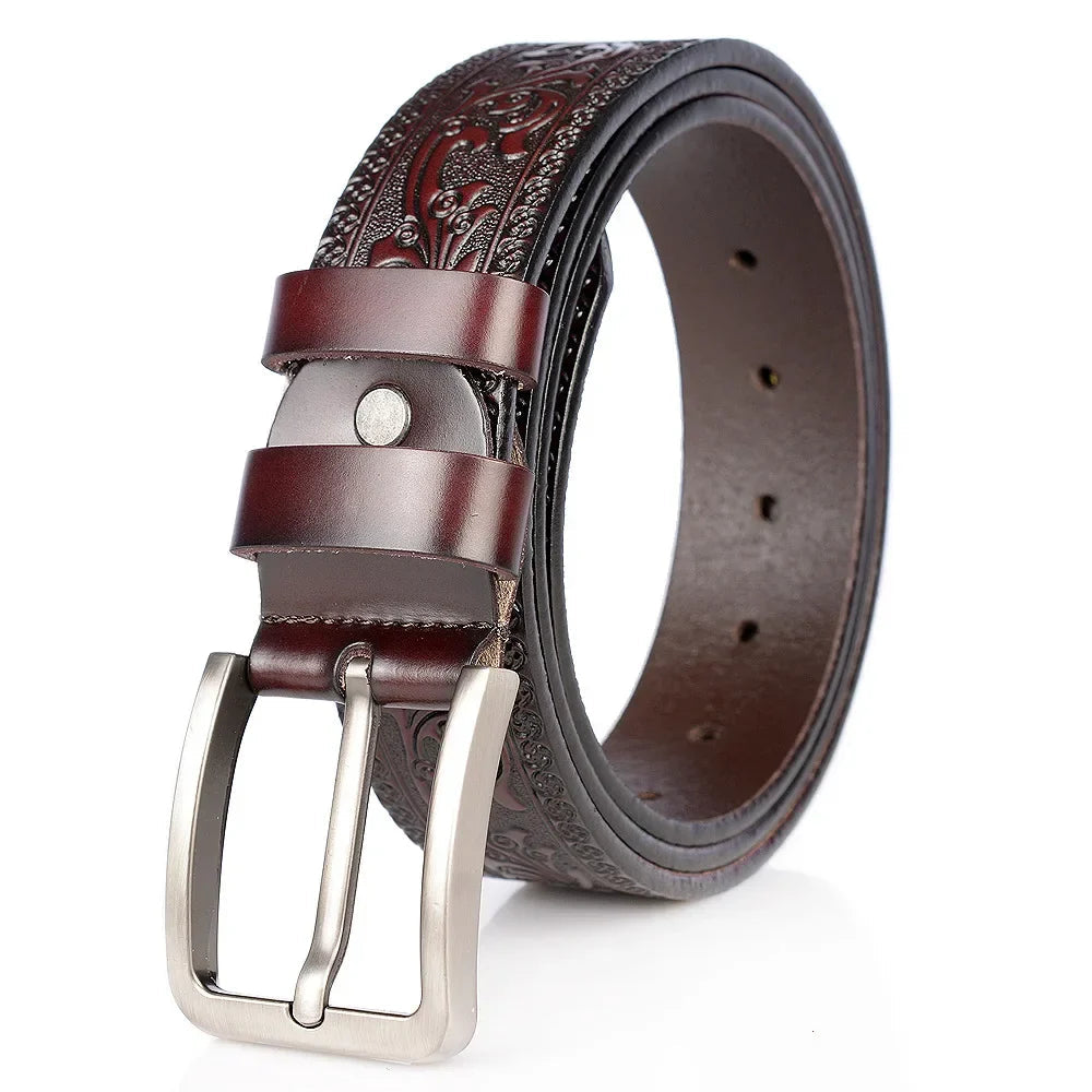 Classic Embossed Leather Belt with Elegant Pin Buckle for Men