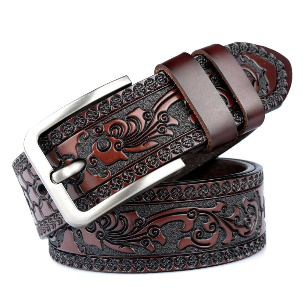 Classic Embossed Leather Belt with Elegant Pin Buckle for Men