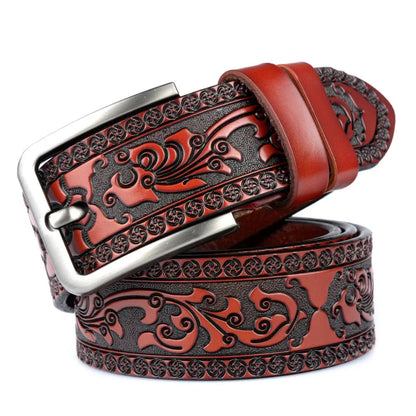 Classic Embossed Leather Belt with Elegant Pin Buckle for Men