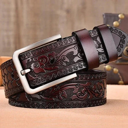 Classic Embossed Leather Belt with Elegant Pin Buckle for Men