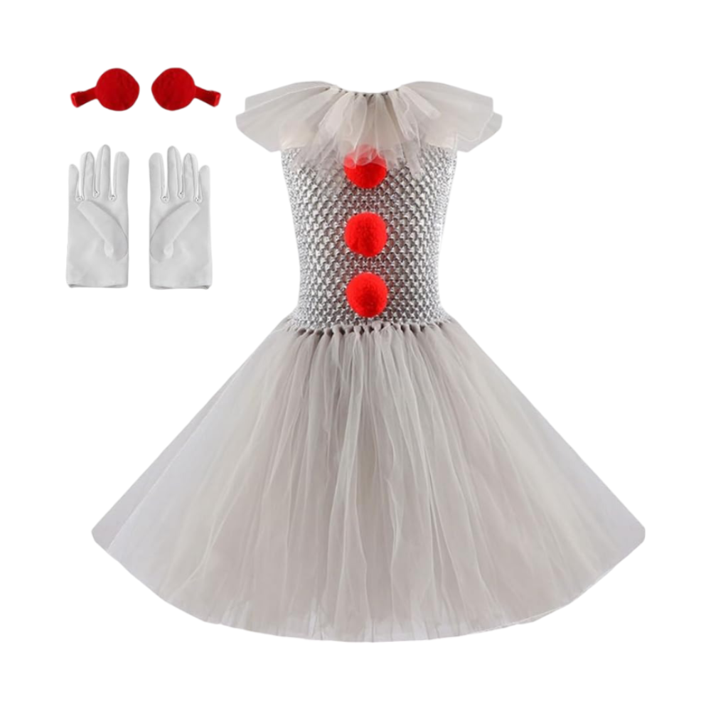 Clown Halloween Costume Dress Tutu Mask Collar Party Outfit for Kids