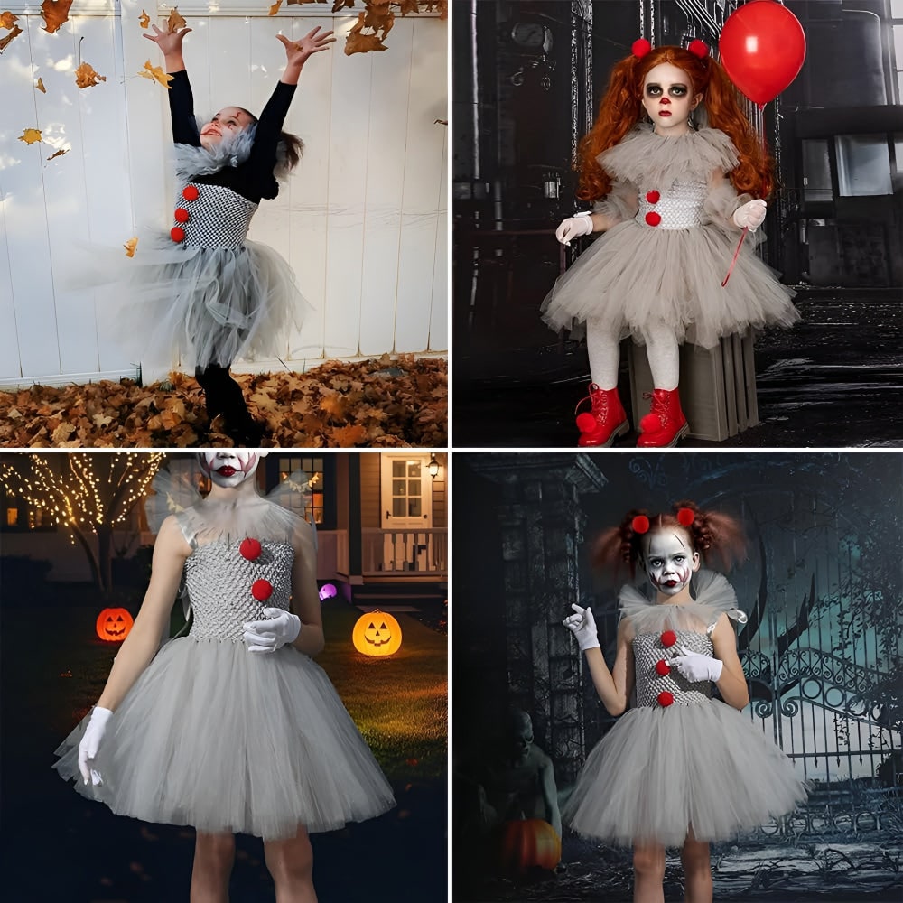 Clown Halloween Costume Dress Tutu Mask Collar Party Outfit for Kids