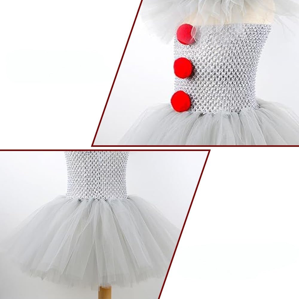 Clown Halloween Costume Dress Tutu Mask Collar Party Outfit for Kids