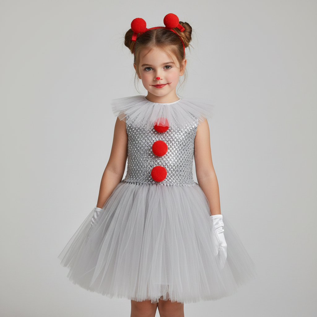 Clown Halloween Costume Dress Tutu Mask Collar Party Outfit for Kids