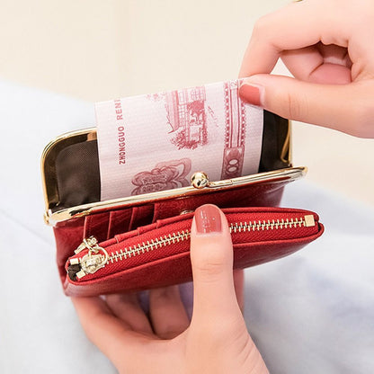 Compact Bifold Wallet Vintage Kiss Lock Closure Multiple Card Slots Zipper Coin Pocket