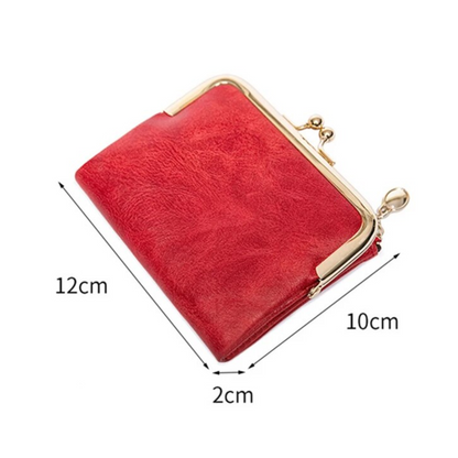 Compact Bifold Wallet Vintage Kiss Lock Closure Multiple Card Slots Zipper Coin Pocket