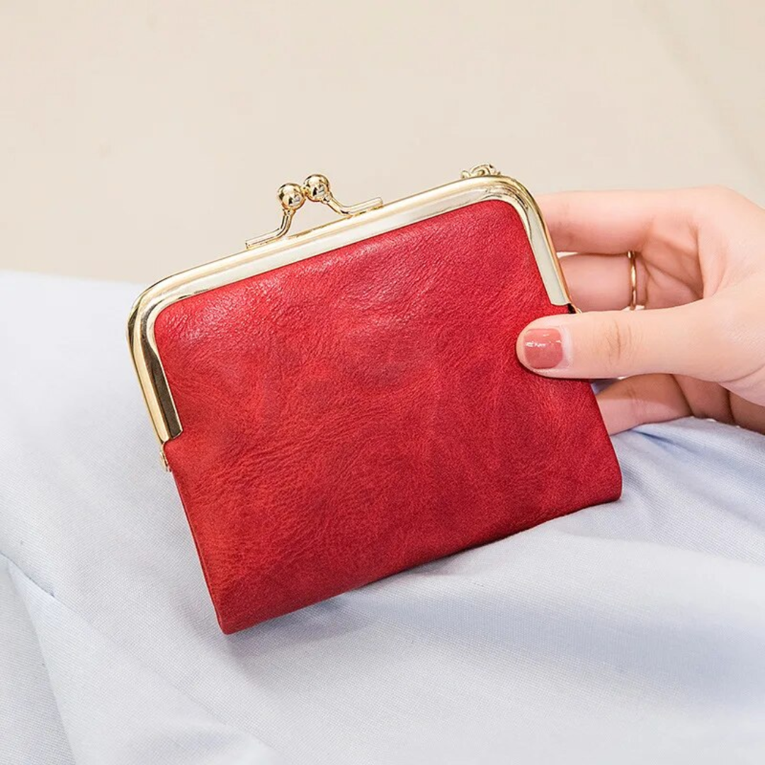 Compact Bifold Wallet Vintage Kiss Lock Closure Multiple Card Slots Zipper Coin Pocket
